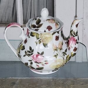 Pre-owned Ceramic Vintage Teapot Kent Pottery Pink & White Roses & Butterflies